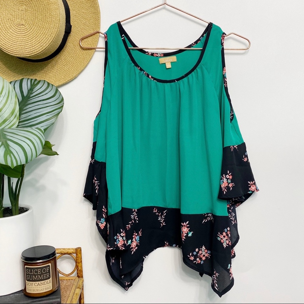 Takara Teal & Black Floral Cold-Shoulder Top